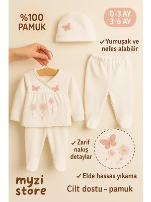 Asitan Myzi Store Yenidoğan Kız BEBEK%100 Pamuk 5'li Hastane Çıkışı 0-3 Ay Bej Pembe Kelebler Yeni