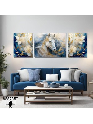 Asitan 3lü Kanvas Şık Salon Duvar Tablosu Modern Soyut Mavi Beyaz At, 30 x 40