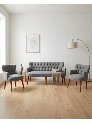 Asitan Roma 3+1+1 Ketenkumaş Çay Seti Koltuk Takımı Bekleme Koltuğu Takımı Ahşap Ayak - Açık Gri