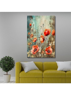 Asitan Tekli Dikey Kanvas Duvar Tablosu Çizgisel Gelincik Tasarımı, 60 x 90