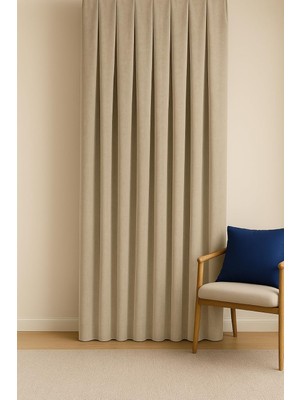 Asitan Cortibo Barcelona Kadife Dokulu Fon Perde Bej (Pilesiz), 200 x 270