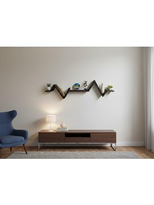 Asitan Kalp Atışı Duvar Rafı, Koyu Renk Masif Ahşap, Zikzak Desenli, 37X137X8 Cm, Modern Dekoratif Tas