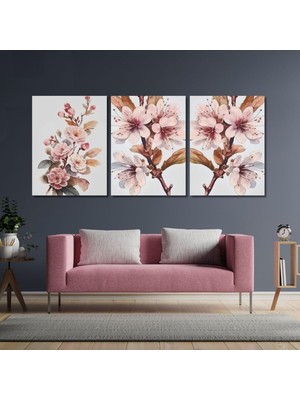 Asitan 3'lü Kanvas Duvar Tablosu Pastel Pembe Dalında Çiçekler, 40 x 60