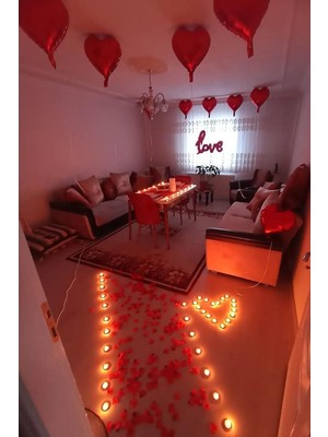Asitan Tinky Winky Kalp Mum, Love ve Kalp Balon, Gül Yaprağı, Tealight Mum Süsleme, Sevgililer Günü V