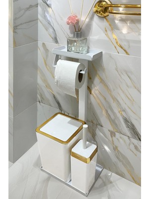Asitan 3'ü 1 Arada Banyo Seti Tuvalet Kağıtlık, Çöp Kovası ve Tuvalet Fırça Takımı (Gold Beyaz)
