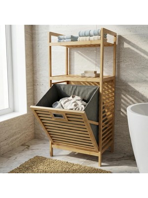 Asitan Deconox Doğal Bambu 2 Katlı Banyo Rafı ve Çamaşır Sepeti (40X30X95 Cm) - Açık Raflı Ahşap