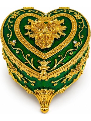 Asitan Kalp Şeklinde Mücevher Kutusu Gold Işlemeli Takı Kutusu 6x9 cm (Yeşil) / Kristal Taş Detaylı