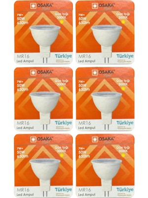 Asitan 7W (50W) Sarı Işık (3000K) MR16 LED Çanak Ampul, 6 Adet