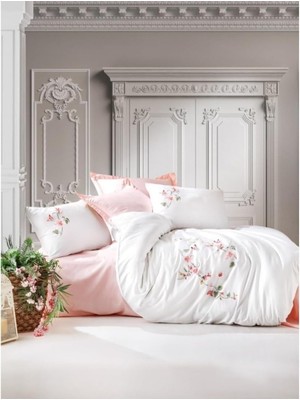 Asitan Satenluanapembe 3D Nakışlı Saten Çift Kişilik Nevresim Takımı Luna PUDRA,200 x 220 Pudra