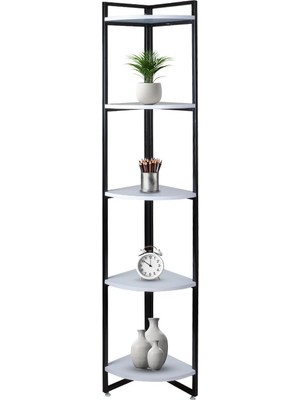 Asitan Dekoratif Köşe Rafı 5 Raflı Metal ve Ahşap Kitaplık Çiçeklik Saksılık 200X31 cm
