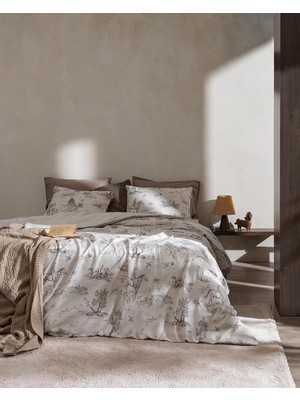 Asitan Henrietie King SIZE%100 Pamuk Lastikli Ranforce Baskılı Nevresim Takımı - Bej
