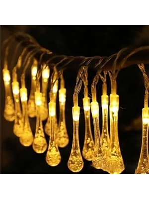 Asitan 10 LED 2 Metre Sarı Kristal Su Damlası Güneş Enerjili LED Işık Solar Bahçe Ağaç Lamba Aydı
