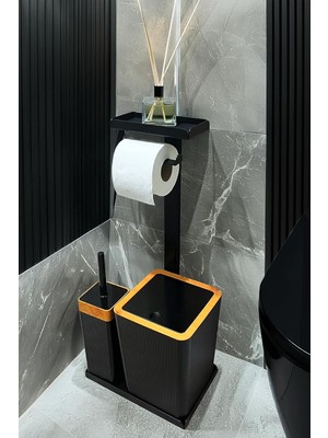 Asitan 3'ü 1 Arada Banyo Seti Tuvalet Kağıtlık, Çöp Kovası ve Tuvalet Fırça Takımı Set Çizgili