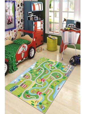 Asitan Viva Home Kaymaz Tabanlı Makinede Yıkanır Otoyollu Çocuk Halısı AR792, Yeşil, 120 x 180