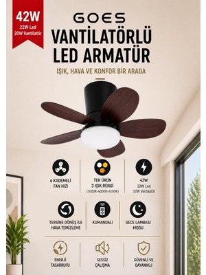 Asitan 42W Tavan Vantilatörü LED Avize Armatür 64CM 5 Kanat 6 Kademeli Fan Ters Dönüş ve Gece Lambas�