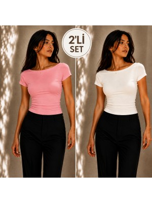 Hayalet 2'li Set Kadın Prenses Yaka Basic T-Shirt – Ultra Soft Premium Bluz - Fitted / Dar Kalıp