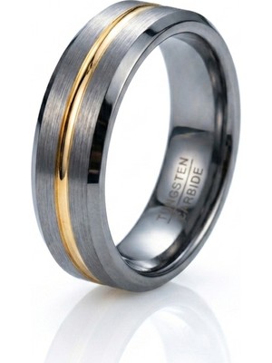 Celikchi Erkek Gümüş Renk Gold Çizgi Detay 6 mm Tungsten Yüzük