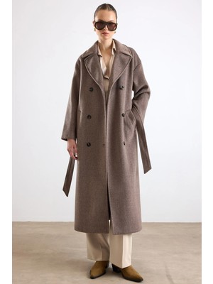 Olcay Oversize Düşük Kol Kruvaze Kaban Latte 3173
