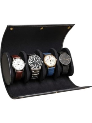 Asitan 4'lü Deri Saat Kutusu Silindir Tasarım Taşınabilir Saat Saklama Organizer 24X11X7 Cm(Siyah)