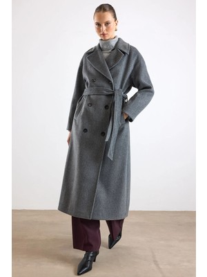 Olcay Oversize Düşük Kol Kruvaze Kaban Koyu Gri 3173