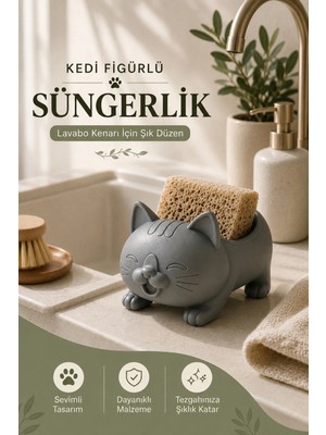 Morbella Gri Kedi Figürlü Sabunluk ve Süngerlik, Çok Amaçlı Banyo & Mutfak Aksesuarı, Dekoratif Obje