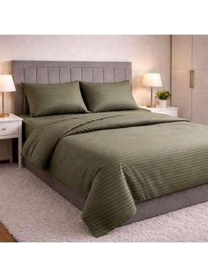 Asitan Wova Home Olive Stripe Çift Kişilik Nevresim Takımı%90 Pamuk 83 Tel Saten Çizgili Lastikli Çar
