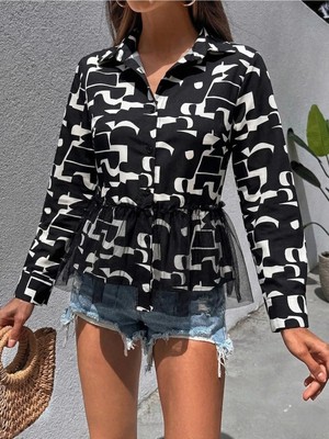 Mass Fashion Kadın Tül Detaylı Şık Desenli Gömlek