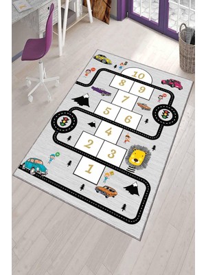 Asitan Gri Kaymaz Tabanlı Yıkanır Yollu Seksekli Çocuk Halısı AR154 160 x 230 cm