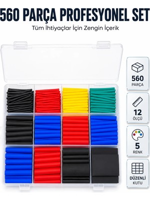 Teknodayım 560 Parça Kablo Izolasyon Makaron Seti 12 Ölçü 5 Renk Heat Shrink Tube Organizer Kutulu