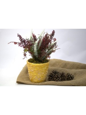Asitan Yapay Çiçek, 7 Dallı Yeşillik Demeti, Bordo, Sarı Beton Saksı, 30 cm Yükseklik, Masa Ofis Ev