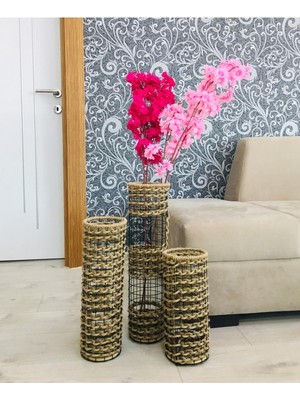 Asitan Hasır Örgü Vazo 3'lü Set, 30 cm 40 cm 50 Cm, Doğal, Dekoratif Çiçeklik