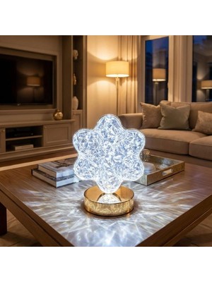 Asitan Çiçek Model Kristal LED Masa Lambası – Dokunmatik, 3 Renk Işık Modlu, Şarjlı Mini Dekoratif