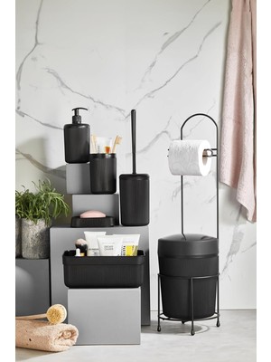 Asitan 7 Parça Siyah Banyo Seti Metal Stantlı Kovalı Wc Kağıtlık Kozmetik Kutusu Diş Fırçalık ve