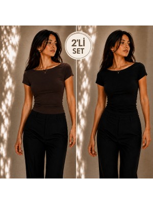 Hayalet 2'li Set Kadın Prenses Yaka Basic T-Shirt – Ultra Soft Premium Bluz - Fitted / Dar Kalıp