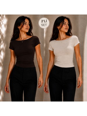 Hayalet 2'li Set Kadın Prenses Yaka Basic T-Shirt – Ultra Soft Premium Bluz - Fitted / Dar Kalıp