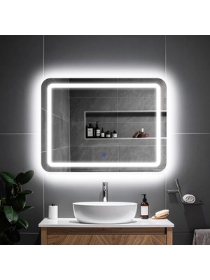 Asitan Quadra Led'li Kumlamalı Lavabo &amp; Banyo Aynası (Dokunmatik Sensörlü) Beyaz LED 80 x 60