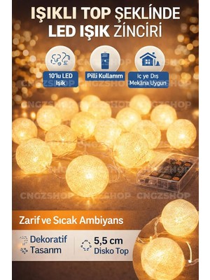Asitan Cngzshop Işıklı Top Şeklinde LED Süsleme, 10'lu Pilli Dekoratif Işık Zinciri, Beyaz, 5,5 cm D