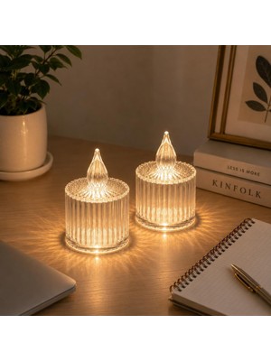 Asitan 2 Adet Çizgili Şeffaf LED Mum Işığı – Kristal Tasarımlı Gece Lambası
