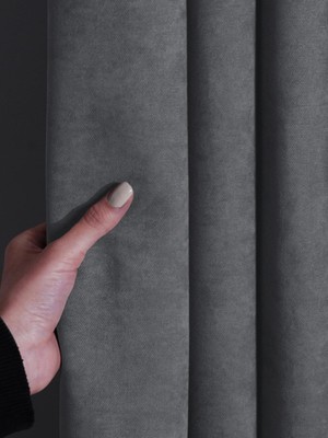 Asitan Kadife Dokulu Gümüş Gri Pileli Ada Fon Perde, 140X260 cm