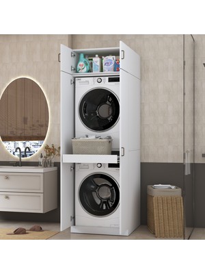 Rani Mobilya Rani KD141 Çamaşır ve Kurutma Makinesi Dolabı 2 Kapaklı Çekmeceli Raflı Banyo Dolabı Beyaz