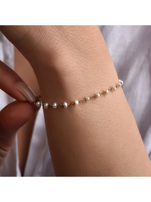 Nox Jewelry İnci Taneli Rosary Zincir 14 Ayar Altın Kaplama Kadın Gümüş Bileklik - CBS00135