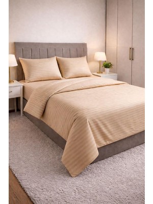 Asitan Wova Home Champagne Stripe Çift Kişilik Nevresim Takımı%90 Pamuk 83 Tel Saten Çizgili Lastikli