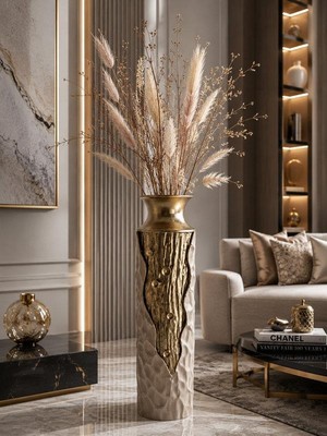 Rossev Vazo Eskitme Metal Gold Detaylı Dekoratif 65CM