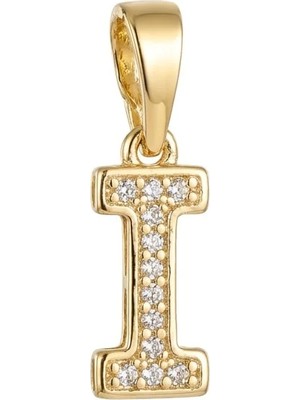 Zeino I Harfi Zirkon Taşlı Minimal Kolye Ucu  - 14K Altın Kaplama - 5 x 17 mm