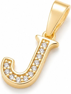 Zeino J Harfi Zirkon Taşlı Minimal Kolye Ucu  - 14K Altın Kaplama - 7 x 17 mm