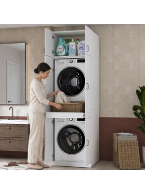 Rani Mobilya Rani KD145 Çamaşır Makinesi Dolabı 4 Kapaklı Çekmeceli Banyo Dolabı Beyaz