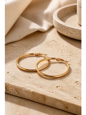 Lykos Gold Renk 36 mm Düz Çelik Klasik Halka Küpe - Minimalist Klipsli Halka Küpe