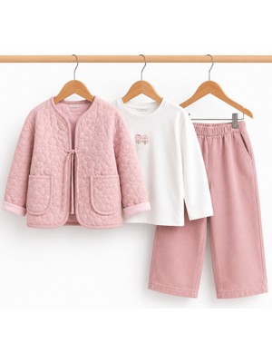 Babe By Dt Kız Çocuk Pembe Müslin Kapitone Ceket T-Shirt Pantolon 3'lü Takım