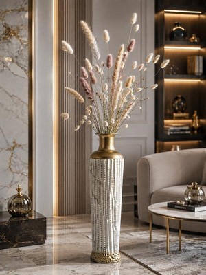 Rossev Vazo Eskitme Metal Gold Detaylı Krem Dekoratif 72CM