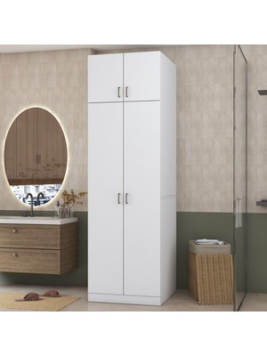 Rani Mobilya Rani KD144 Çamaşır ve Kurutma Makinesi Dolabı Çekmeceli Raflı Banyo Dolabı Beyaz